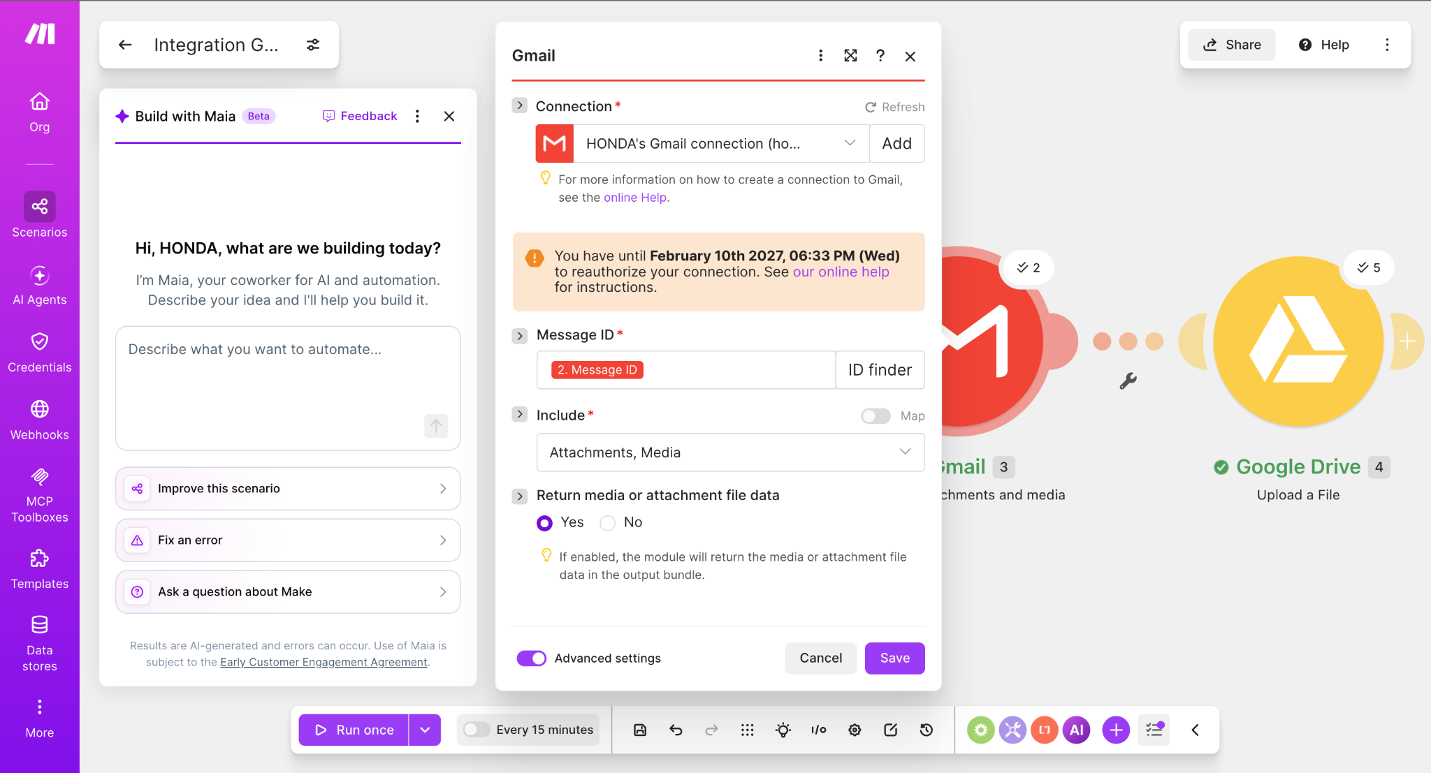 Make Gmail List email attachments and media settings with Message ID mapped and Return media or attachment file data enabled