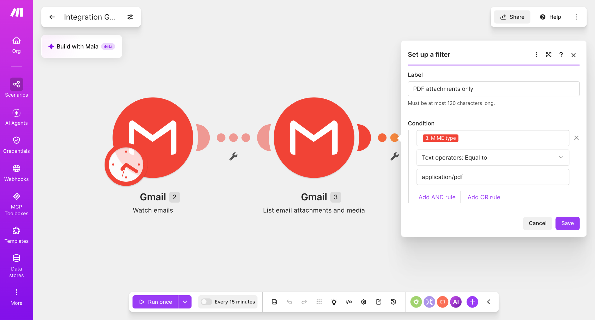 Make Set up a filter dialog configured with Gmail MIME type equal to application/pdf