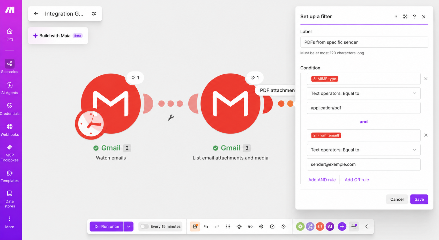Make filter configured with MIME type application/pdf and a specific sender email